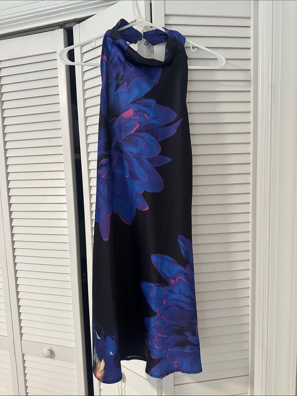Nasty Gal Black Halter Midi Dress with Blue Floral Print